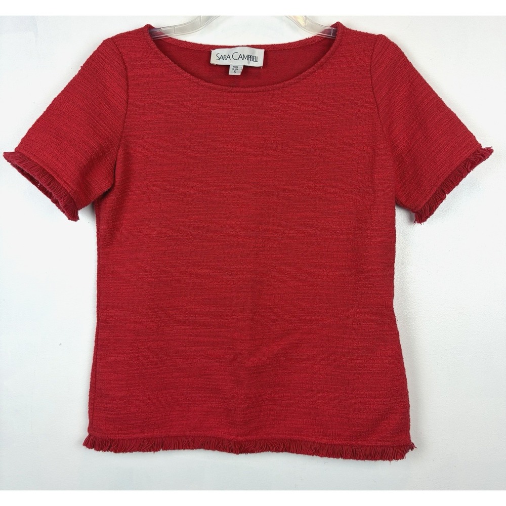 Sara Campbell Textured Top Womens Small Red Cotton Shirt Fringe Edge Office